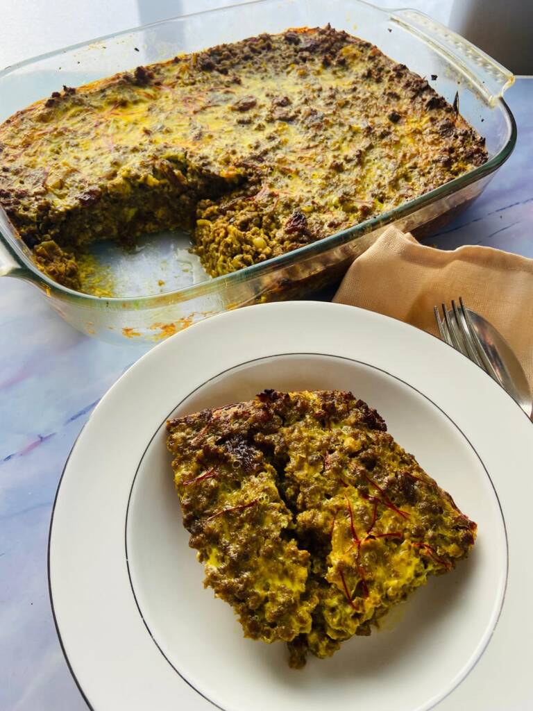 a portion of bobotie plated