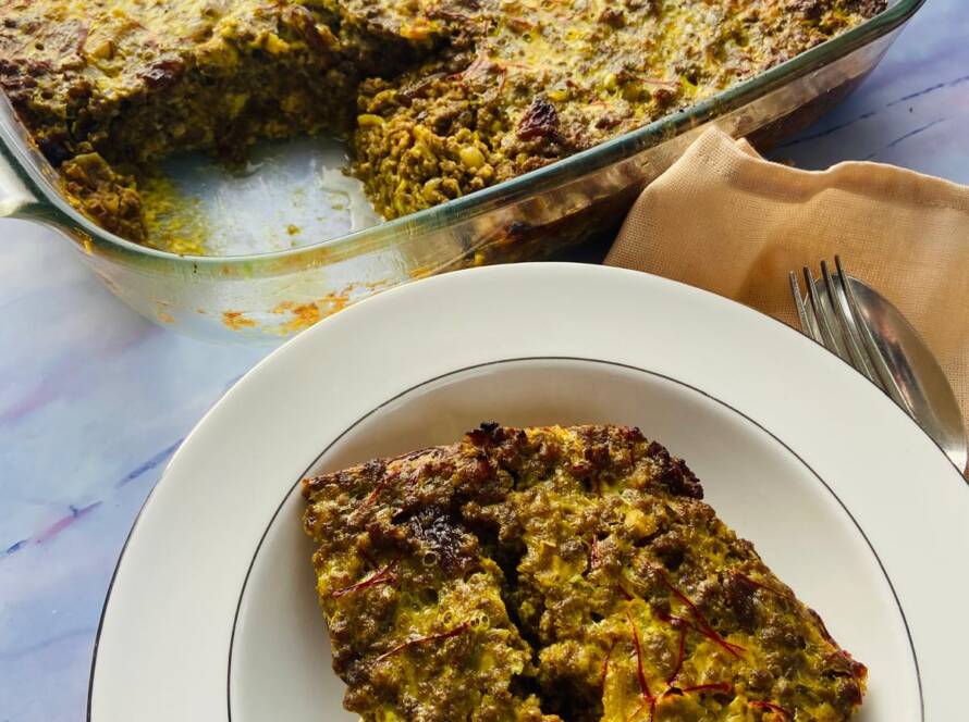 a portion of bobotie plated